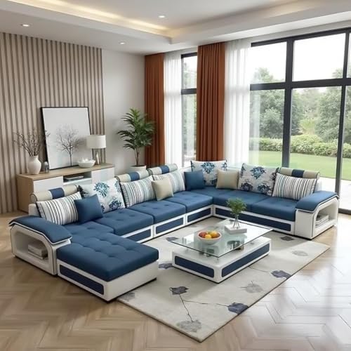 Image of Silvester 12 Seater Sofa Set for Living Room (Blue-White) | Interchangeable U Shape Sectional Sofa | Solid Wood Frame & High-Density Supersoft Foam | Includes Puffy & Stool | Modern Home Furniture