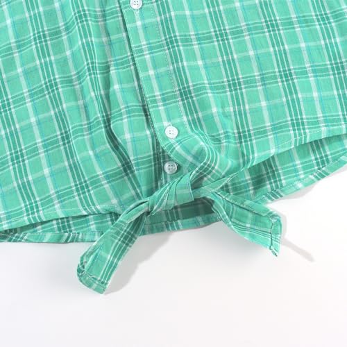 Image of Noomelfish Girls Long Sleeve Plaid Button Down Shirt Tie Front Blouse Tops, Light Green Plaid, Size 9-10 Years