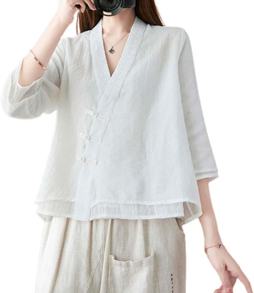 Hanfu Linen Loose Blouse 3/4 Sleeve V Neckline Chinese Traditional Clothes with Button Tops Summer A05