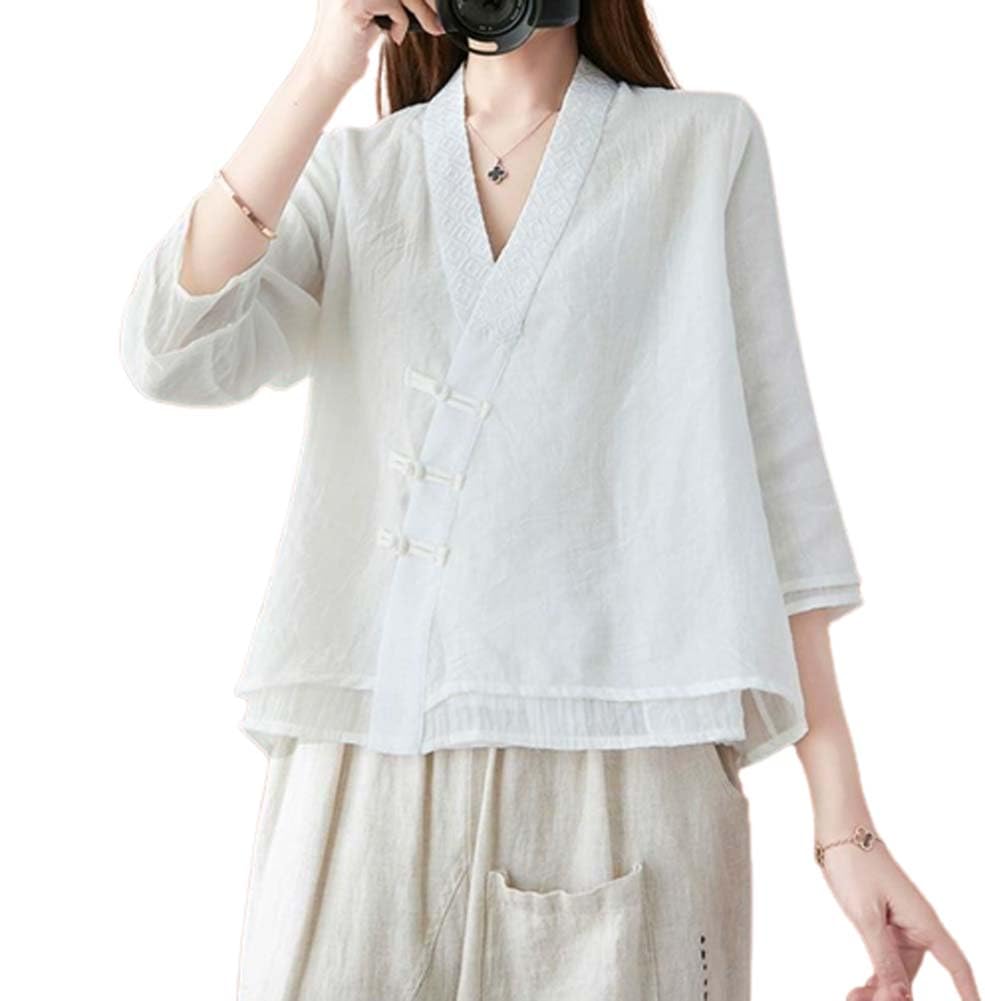 The Princess Bride Hanfu - Blusa informal de lino, manga 3/4, cuello en V, ropa tradicional china con botones de rana china, para verano, A4