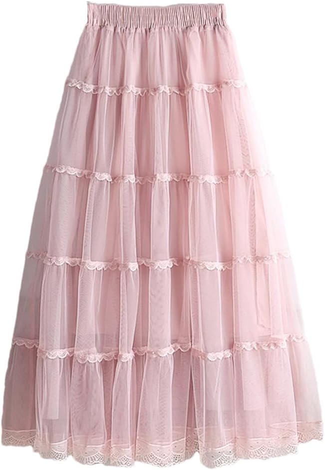 Patchwork Lace Tulle Skirt for Women Spring Summer Elegant Solid Mesh High Waist Midi Long Skirt