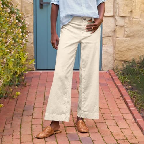 Cropped Linen Pants Women High Waisted Wide Leg Capri Work Pants Business Casual Ankle Pants with Pockets2