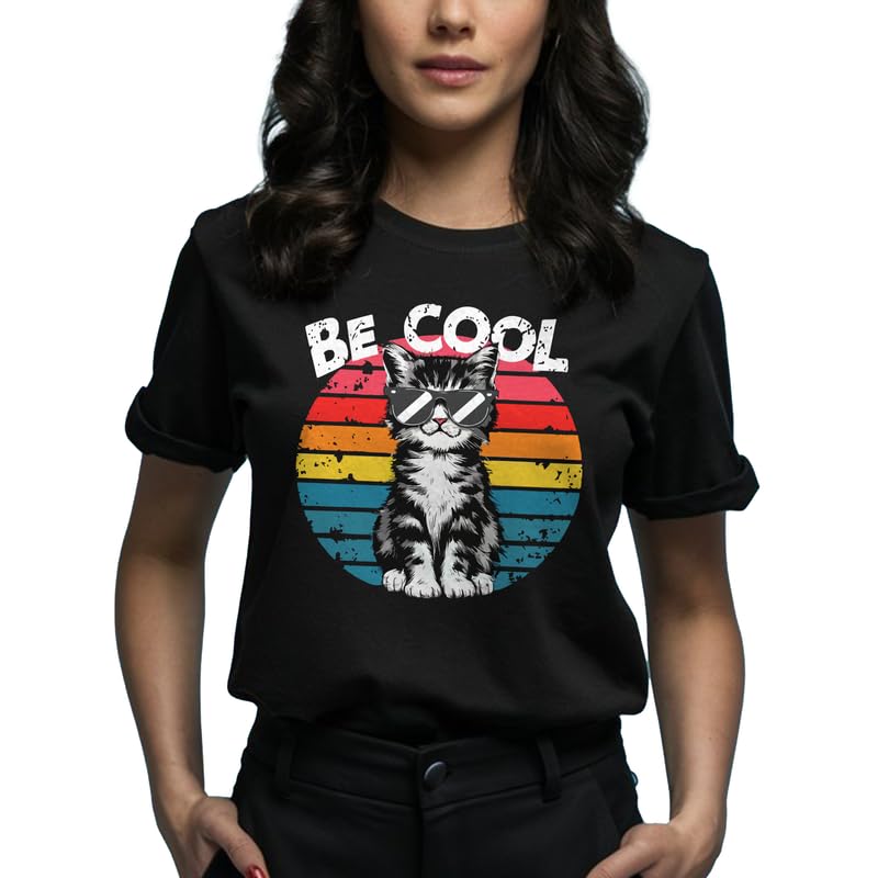 Roman HillsVintage Cat Tshirt for Women Black Cotton Half Sleeve, Be Cool Cat