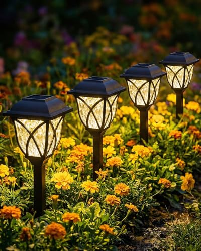 Solar Lights Outdoor Garden, 4 Pack LED Garden Solar Lights Waterproof, Auto On & Off, Solar Powered Pathway Lights for Yard, Patio, Landscape, Walkway, Path, Warm White