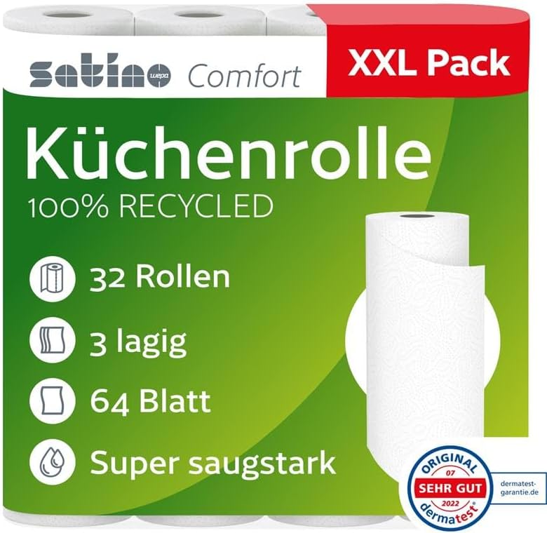 Küchenrolle 3-lagig – 32 Rollen – 64 Blatt pro Rolle - Ø: 10,5 cm...