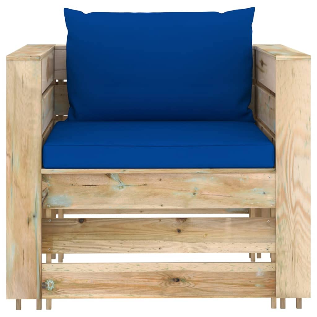 Set Salotto da Giardino 2 Pz in Legno Pino con Cuscini Blu | Design modulare a pallet in pino con spessi cuscini blu per relax in terrazzo, patio e portico esterno.