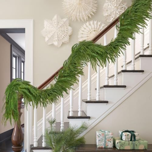 2PCS 9FT Christmas Norfolk Pine Garland, Real Touch Greenery Garland - image 1