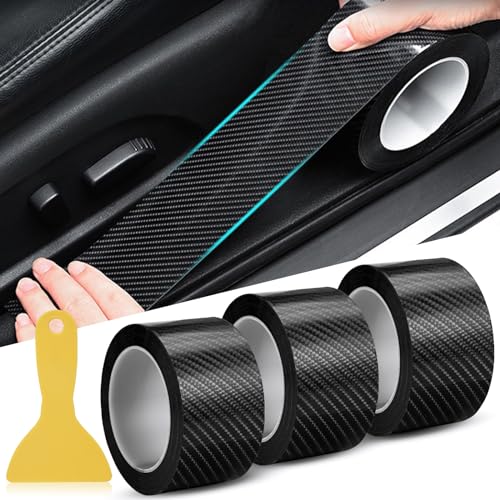 3 Rollos Vinilo Fibra de Carbono Coche, Protector Umbral Puerta Coche Vinilo Negro Brillo, Pegatina Fibra para Umbrales de Puertas, Tira de Protección del Umbral de Puerta Coche (5 cm x 10 M/Rollos)