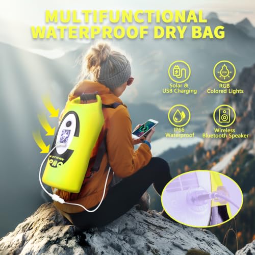 Waterproof Dry Bag Backpack con altavoz Bluetooth, RGB, 10L, Amarillo Neón miniatura 2