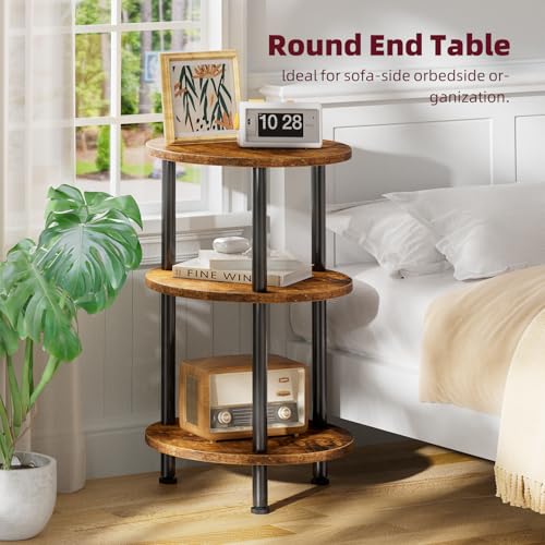 Simple Trending End Table Living Room, Small Round Side Table, 3 Tiers Accent Table for Small Spaces, Rustic Brown