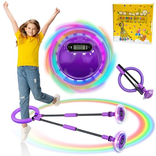 TZEKING Springring Fußkreisel,Kinder Blinkender Springring Fußkreisel,Swing Wheel mit Lichtrad,Zähler,Timer,Kalorienzähler,Faltbarer Ankle Skip Ball,Geschenke für Mädchen 6-12 Jumping Ball (Lila)