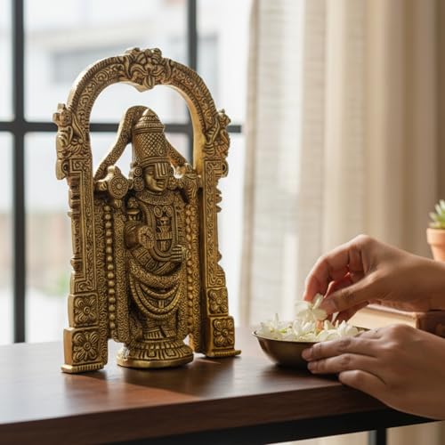 Image of eCraftIndia Golden Brass Tirupati Balaji Idol Lord Venkateswara Murti for Mandir Temple Lord Balaji Statue for Home Decor Car Dashboard