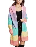 Hooever Women's Long Pastel Knitted Rainbow Striped Color Block Cardigan Sweater（Rainbow-L）