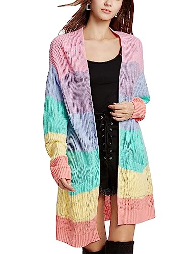 Hooever Women's Long Pastel Knitted Rainbow Striped Color Block Cardigan Sweater（Rainbow-L） #TOP24