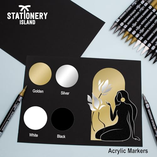 STATIONERY ISLAND Acrylic Paint Pens 12 PCS – Metallic Gold Silver White Black, Dual Tip Fine & Brush Markers, Water Based for Rock Glass Ceramic Wood Metal DIY & Halloween Crafts