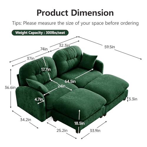 Image of KEIKI 74 inch Oversized Chenille Modular Sectional Loveseat Sofa with 2 Ottoman, High-Density Foam Cushions, Tufted Pleated Cushion Backrest, Modern 2-Seater Couch with 2 Pillow, for Living Room, Green