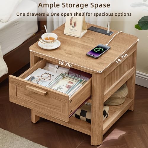Image of Joaxswe Farmhouse Side Table Set of 2 Living Room, Small Night Stand with 1 Drawers & Open Shelving & 4 Thickened Table Legs, Dark Wood