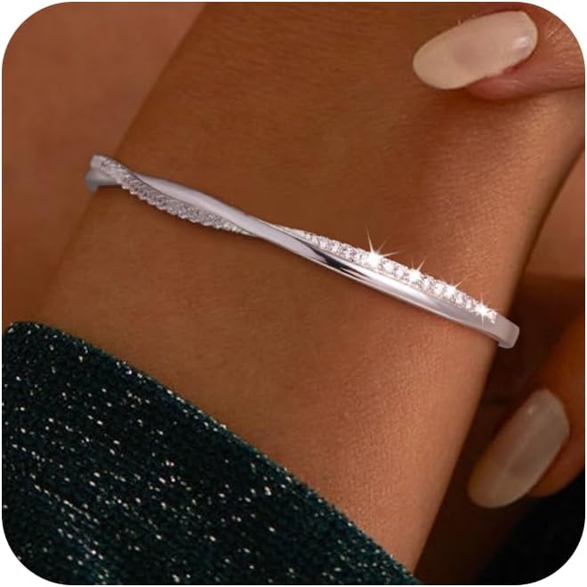 14K Gold Plated Cuff Bracelets for Women Trendy, Silver Plated Bangle Bracelets for Women Dainty Bangles Cubic Zirconia Adjustable Wave Bracelet Fashion Jewelry Gift for Women