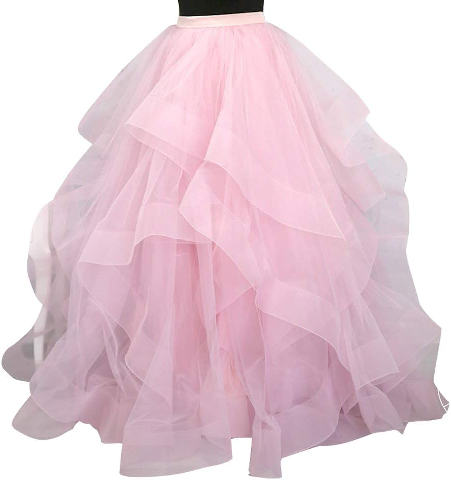 Women Long Maxi Wedding Skirt Bridal Skirt with Train Party Prom Ruffle Skirt (XX-Large, Pink Tulle)