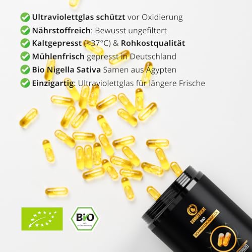 Bio Schwarzkümmelöl Kapseln von Sunnafrucht® (180stk.) Kaltgepresst & Ungefiltert aus Nigella Sativa *Reich an Thymoquinon* Native ägyptische Schwarzkümmelöl Kapseln Bio