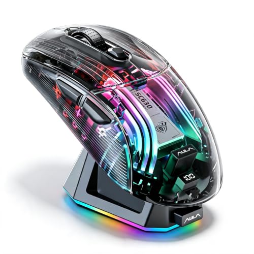 Image of RGB Magnetic Charging Dock Gaming Mouse, 12K DPI, PAW3311 Sensor, Tri-Mode Wireless, 6 Programmable Buttons, Ultra-Light 72g for PC /Mac (Black- Transparent)