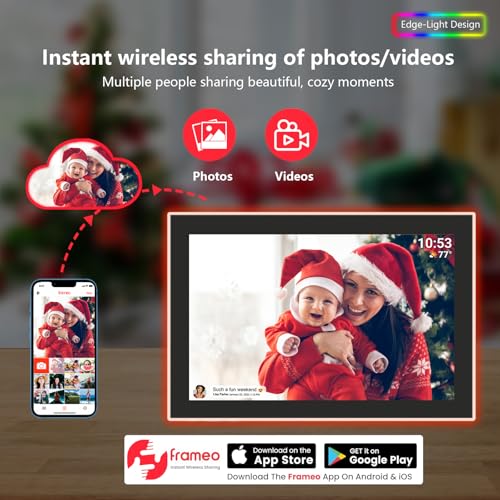 Image of FRAMEO WiFi Digital Picture Frame,Edge-Light Design10.1 inch Photo Frame 32GB,HD IPS Touch Screen LED Light, Wall-Mounted,Easy Set Up Share Photos and Videos via Frameo App