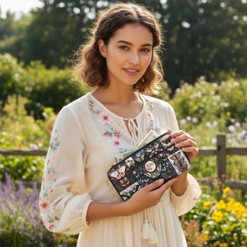 Image of Butterfly Double Zip Wallet for Women - Large Capacity Floral & Moth Print Clutch with Smooth Zippers, Travel Card Holder Purse