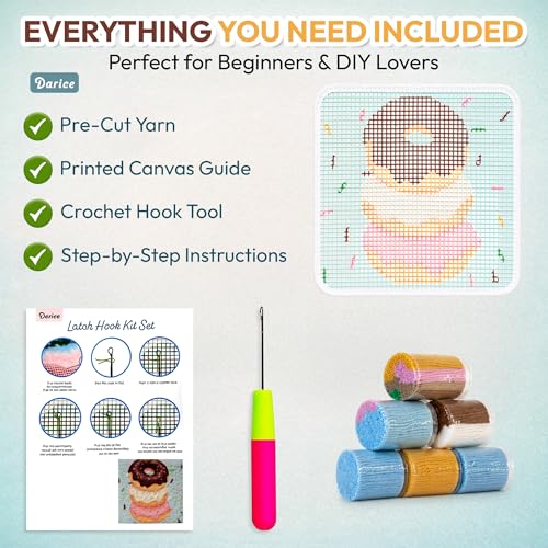 Image of Darice Latch Hook Rug Kit, Donuts Design DIY Latch Hook Kit for Kids & Adults, Color Canvas, PreCut Yarn & Hook Tool, Craft Activity & Gift for Kids