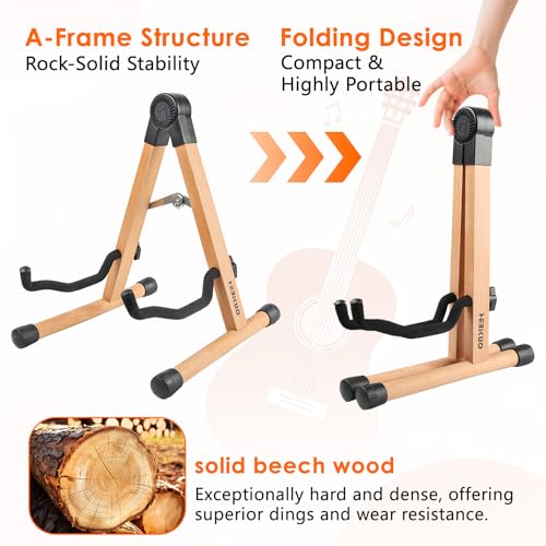 GOGHOST Wood Guitar Stand, A-Frame Folding Wooden Acoustic Electric Floor Guitar Stands with Padding, Stable Musical Instrument Foldable Support Holder, Universal for Ukulele, Bass, Cello, Violin, Banjo, Mandolin