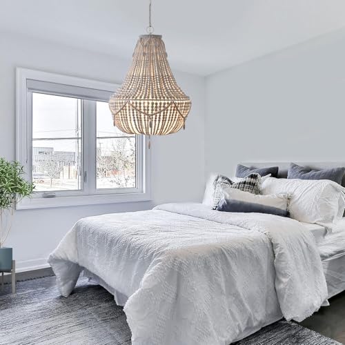 ZYYYSG Farmhouse Wood Beaded Chandelier Boho Light Fixture, White Wooden Bead Chandeliers Rustic Kitchen Island Hanging Pendant Lights Fixtures for Dining&Living Room, Bedroom, Entryway - Image 3