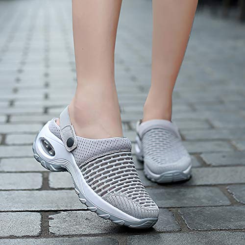 Trsorini Mules Clogs For Women Summer Air Cushion Platform Mesh Mules Sneaker Sandals For Female Lightweight Beach Shoes Outdoor Slippers Walking Shoes Grey Size 8.5 #TOP5