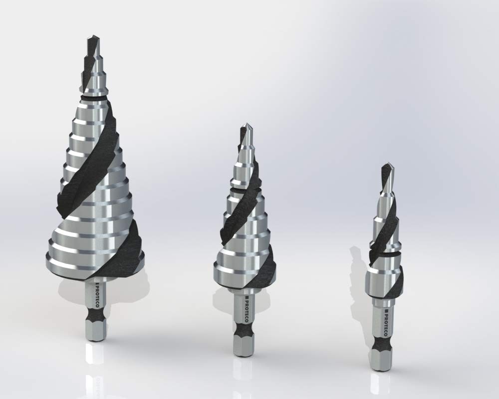 Proteco-Werkzeug® HSS Titan TIN TiALN Profi Stufenbohrer Konusbohrer Schälbohrer Metallbohrer Set 3-tlg. mit Schnellspannschaft für Bohrmaschinen