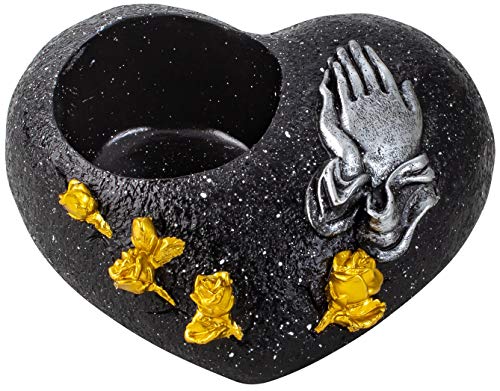 Novaliv Decoración para Tumba Con Forma de Corazón Negro y Manos Orar, Resistente a la Intemperie, Farolillo para Tumba, Soporte para Velas de Té, Piedra