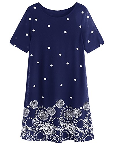 Romwe Women's Short Sleeve Floral Print Loose Casual Tunic Swing Summer Shirt Dress Navy M #TOP4