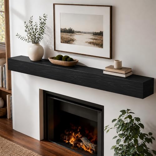 XWNE Fireplace Mantel,66 inch Rustic Wood Floating Mantel Shelves for Electric Fireplaces,Solid Wood Farmhouse Mantle for Over Fireplace (Black, 66x8x6)