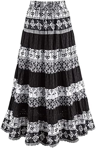 CATALOG CLASSICS Womens Boho Skirt Long Floral Skirt Tiered Maxi Skirt Black/White, Small