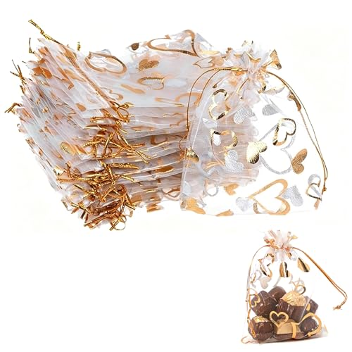 NUOM Sac en Maille Organza 15 x 20 cm avec Cordon de Serrage, Lot de 50 sachets Cadeaux colorés pour Bijoux, Bonbons, Mariage, Anniversaire, fête et Emballage élégant
