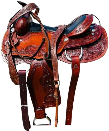 Leather Barrel Racing Western Horse Saddle Handmade Premium Custom Cowboy Cowgirl Pleasure Comfort Trail Tack Equestrian Tooled Carved Pony-Adult Saddle for Riding Size: 10-18 inch Seat, MO-16