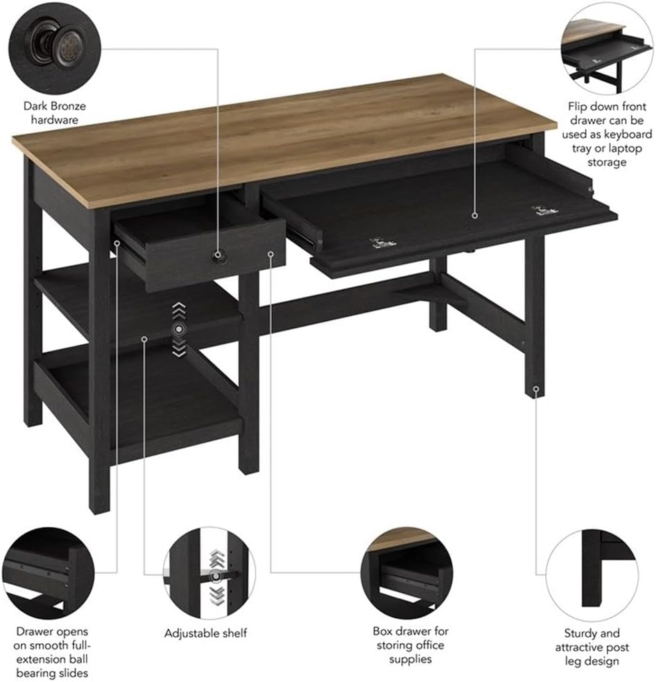 Pemberly Row 54W Computer Desk with Shelves, Vintage Black and Reclaimed Pine Finish, Farmhouse Style Desk with Storage, Adjustable Shelves, Keyboard Tray, Home Office or Living Room Workspace