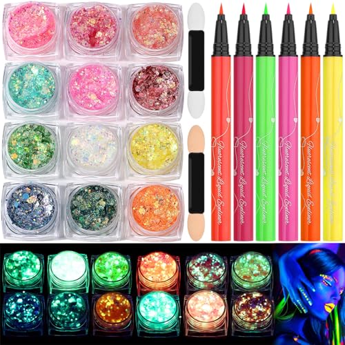 Glow in the Dark Glitter Gel with UV Neon Liquid Eyeliner Pen Set for Body Face Hair Eye Makeup Kit for Rave Accessories Party Halloween Anime Cosplay Concerts Festival Carnival Face Paint