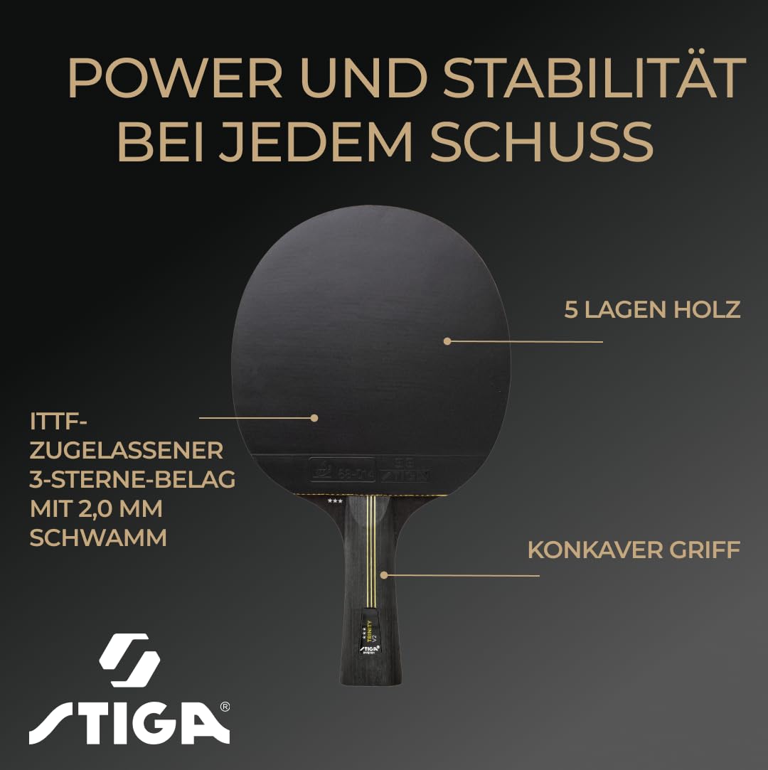 STIGA Trinity V2 Tischtennisschläger – 3 Sterne Tischtennisholz, ITTF-zugelassener Belag, Ergonomischer Griff – für Offensive Spieler, Schwarz