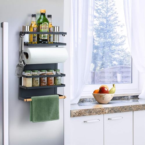 Image of Kuber Industries 2 Tier Iron Fridge Side Rack with 3 Towel /Tissue Holder & Hooks Hanger Magnetic Kitchen Organizer Shelf for Refrigerator | Black