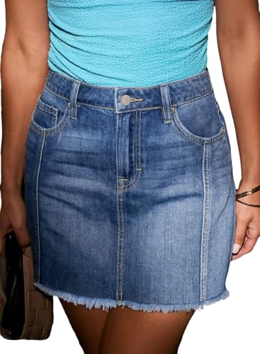 Sidefeel Womens Denim Skirt Casual Stretch High Waist Raw Hem