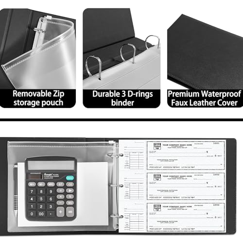LLi Cufite 3 Rings Check Binder for End-Stub Deskbook Checks, 3 on a Page, Fit 3 & 9 Holes Check Faux Leather (11 1/4" x 9") (Black)