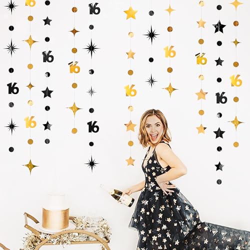Image of Black Gold 16th Birthday Decorations Number 16 Circle Dot Twinkle Star Garland Streamer Banner Backdrop for Girls Boys Happy 16th Birthday Sweet Sixteen Anniversary Cheers to 16 Years Party Decor
