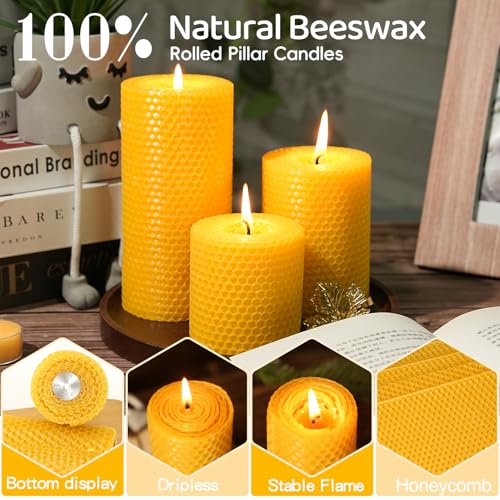 Image of Beeswax Pillar Candles,Non-Toxic Honeycomb Bees Wax Candle for Home,Yellow | 2.8x6 inch,6 Pack,258 H long clean Burning,100% Pure,natural unscented, smokeless,candle for home, emergency, prayer, dinner