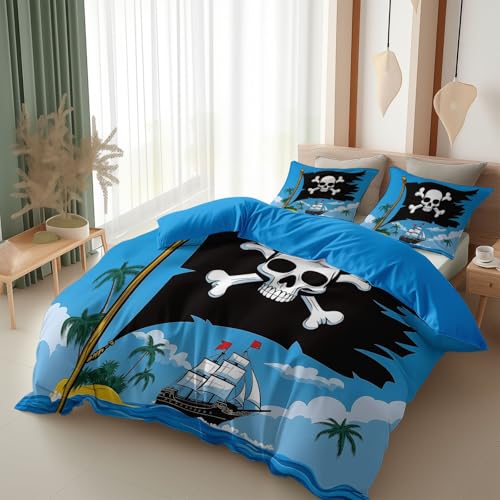 Parure De Lit 90x190 cm Adulte Garçon Fille,Bateau Pirate animé Housse De Couette Microfibre 1 Personnes avec Fermeture Éclair,3 pièces avec 2 Taies...