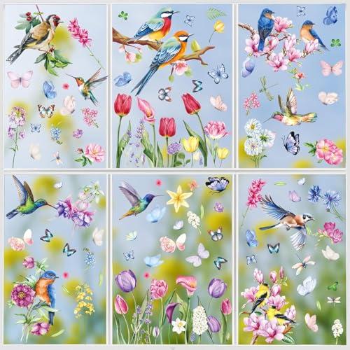 9 Feuilles Autocollants de Fenêtre Printemps, Fleur Papillon Oiseaux Abeille, Film Electrostatique, Autocollants Anti-Collision pour Chambre Salon Salle de...