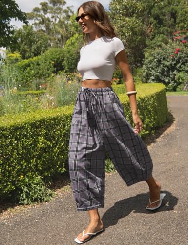 Image of TARSE Women's Plaid Cotton Linen Wide Leg Pants with Pockets | Plaid Barrel Leg Loose Harem Pants, Elastic Drawstring Waist, Casual Boho Summer Capri Palazzo