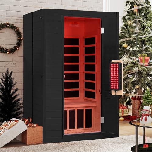 springspa Full Spectrum Infrared Sauna, 2 Person Infrared Saunas with Red Light Therapy for Home, Canadian Hemlock Wooden Indoor Sauna Spa Room with 7 Chromotherapy Lights, Bluetooth Speakers